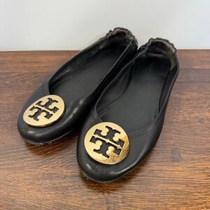 Tory Burch perfect black nappa leather Minnie Travel Ballet w/metal gold logo fl